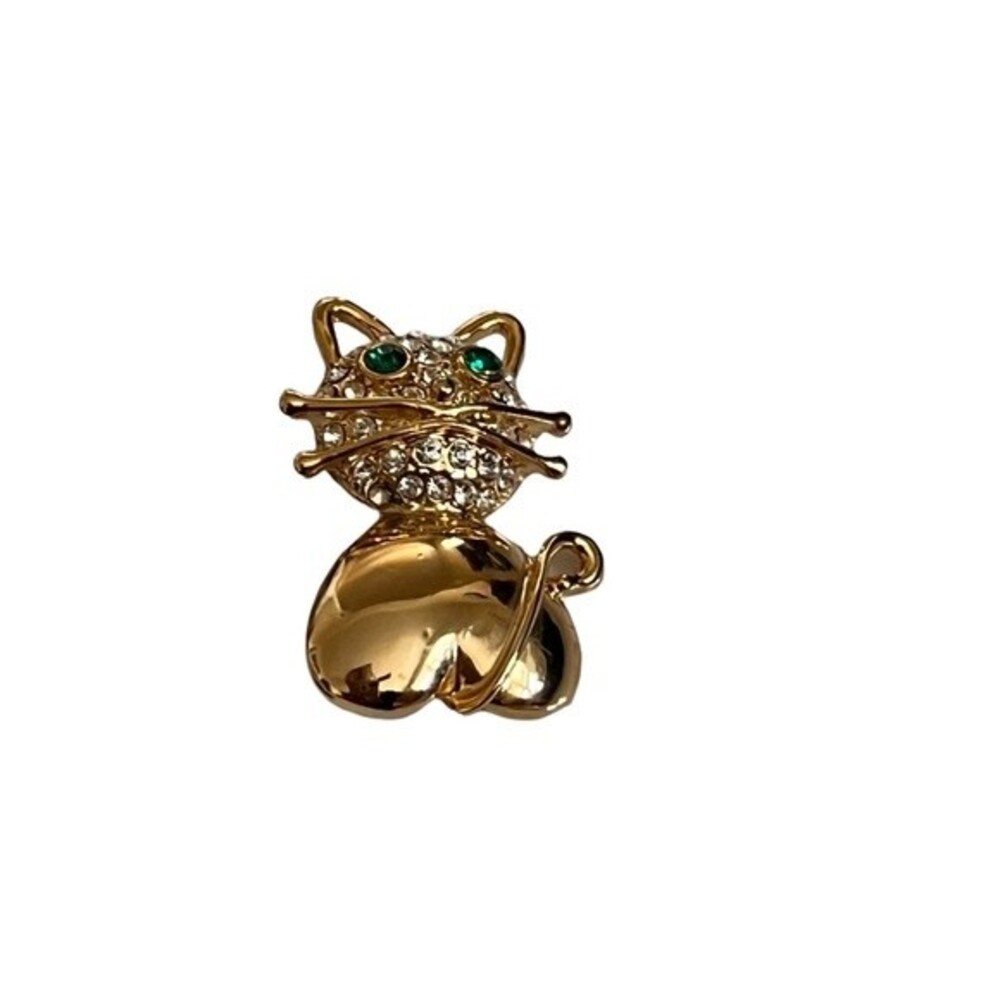 Kitty Cat Pin‎ Brooch Rhinestones Gold Tone Metal - Picture 6 of 6